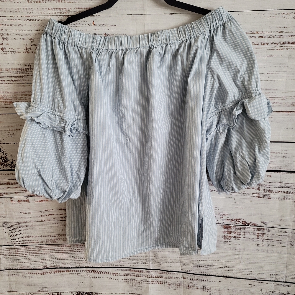 Michael Michael Kors L Off-The-Shoulder Striped Balloon-Sleeve Blouse White/Blue - Picture 2 of 6